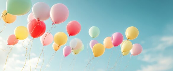 The balloons floating against a bright blue sky with soft clouds