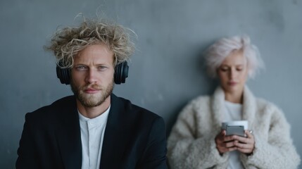 A stylish man in headphones and a pensive expression shares space with a casually dressed woman focused on her phone, capturing a moment of modern urban life and connection.