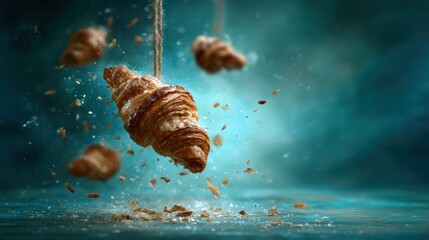 An artistic portrayal of croissants suspended in mid-air, capturing a whimsical and surreal ambience while celebrating the beauty of culinary delights and creativity.