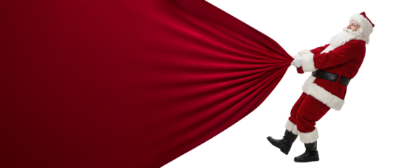 Santa Claus in classic red suit pulling a huge red sack full of presents, isolated on transparent PNG background with copy space.