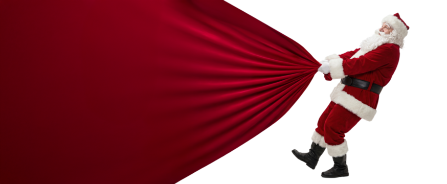 Santa Claus in classic red suit pulling a huge red sack full of presents, isolated on transparent PNG background with copy space.