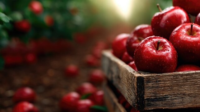 A rustic wooden crate filled with fresh, shiny red apples glistening with dew, set amongst the lush greenery of an apple orchard under soft sunlight.