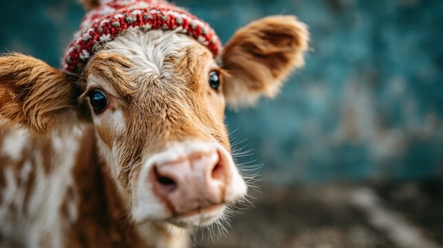 A close-up of an adorable calf wearing a colorful knit hat, expressing curiosity and playfulness, showcasing the charm of farm life in an intimate setting.