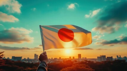 Hand holding Japan flag in the wind against the sky, symbolizing national independence, freedom, and patriotism during a public holiday celebration
