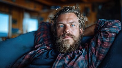 Fototapeta premium A bearded man reclines comfortably in a rustic cabin, surrounded by natural wood elements, capturing a sense of relaxation, adventure, and the essence of a free-spirited lifestyle.