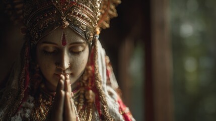 Ethereal portrait of a divine woman in traditional attire, bathed in soft light