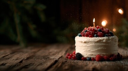 This tempting cake, adorned with an array of fresh berries and a lit candle, symbolizes celebration and indulgence, perfect for any festive occasion or personal milestone.