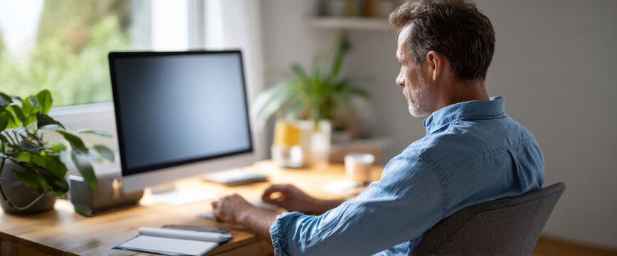 Middle-aged man working at home desk with computer and plants in natural light from window