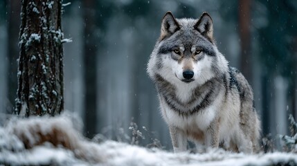 Naklejka premium Grey wolf standing in snowy field with blurred forest background showing intense gaze and winter wildlife photography with cold atmosphere.