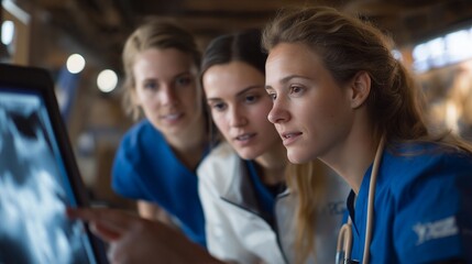 A group of vet techs reviewing digital X-rays of a rabbit with orthopedic concerns, pointing out skeletal details on a high-resolution monitor — exotic pet healthcare, small-animal diagnostics, and