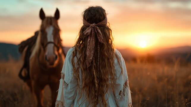 A girl stands with her horse during sunset, capturing an enchanting moment of relationship and freedom in a picturesque outdoor environment filled with warmth.