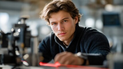 A laser technician calibrating a high-precision industrial cutting laser inside a manufacturing lab, red alignment beams reflecting off stainless-steel surfaces — advanced fabrication, precision