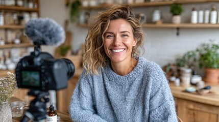 A cheerful woman smiles while recording a vlog in her stylish kitchen, embodying the essence of creativity and connection in a warm and inviting environment.