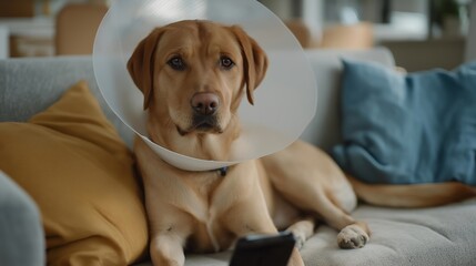 A dog wearing a recovery cone while resting comfortably in a clean living room, owner adjusting medication schedule on a smartphone app — post-operative pet care, responsible recovery support, and