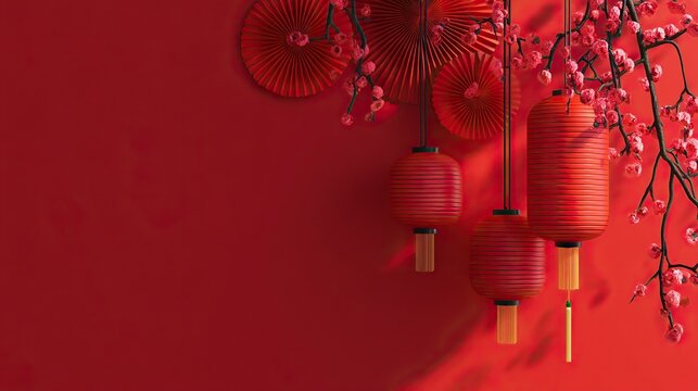 Red New Year decorations, with plum blossoms, red lanterns, and paper fans placed on the ground, minimalistic high-definition scene celebrating New Year traditions and festive atmosphere.