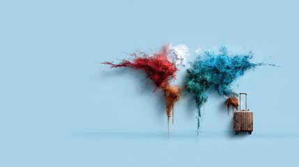 A vivid abstract art piece representing the vibrancy of travel with splashes of color around a suitcase, captivating the essence of exploration and adventure, ideal for travel themes.