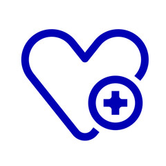 Vector graphic of a heart with a plus sign, a symbol for healthcare, medical aid, and adding to favorites. This minimalist blue line icon represents health, wellness, and cardiology