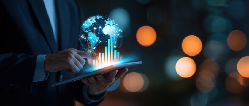 The Globe Projected Above a Tablet Showing Business Data and Financial Analytics Visualization