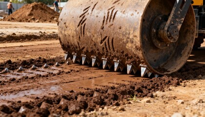 Medium shot of a sheeps foot roller pressing down on moist earth showcasing traditional soil compaction techniques for groundwork preparation.