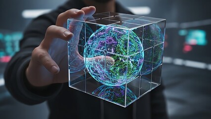 Exploring the Future of Digital Information A Hand Holds a Transparent Cube Encasing a Luminous Network, Symbolizing Complex Data, Artificial Intelligence, and Technological Innovation