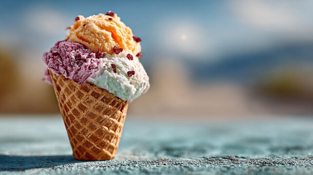 A vibrant ice cream cone displaying a tactile arrangement of three colorful flavors, evoking feelings of joy and nostalgia on a sunny day with a soft focus background.