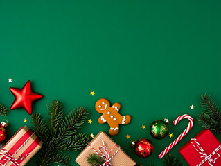 Festive christmas decorations and gifts arranged on a deep green background