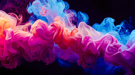 Vivid swirling colorful ink clouds in motion on dark background.