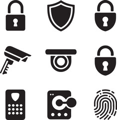 Security icons, padlock protection, surveillance camera, shield safety, fingerprint scanner, digital access, lock symbol