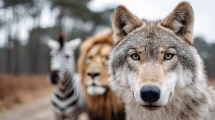 Fototapeta premium This stunning wildlife photograph captures a close encounter among a wolf, a lion, and a zebra, showcasing the extraordinary beauty and drama of nature's wilderness.