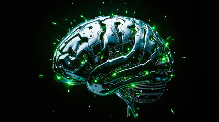 Futuristic cybernetic brain with glowing circuits on black background.
