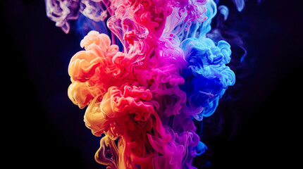 Bright pink, blue, and orange ink clouds swirling in water, photographed against a black background, concept of creativity and motion