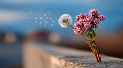 A close-up of a dandelion alongside pink flowers, the delicate timing of the seeds dispersing captures the beauty of nature and the cycle of life against a vibrant sky.