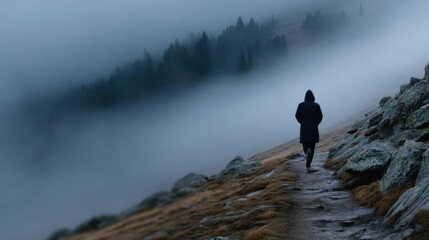 A solitary figure walks along a rocky path shrouded in fog, encapsulating themes of solitude and introspection amidst a stunning, atmospheric landscape of nature.