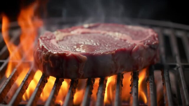 Juicy ribeye grilling on a BBQ, flames blazing, perfect for food blogs, restaurant menus, cooking