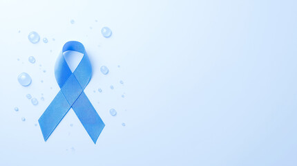Blue awareness ribbon with water droplets on light background symbolizing support.