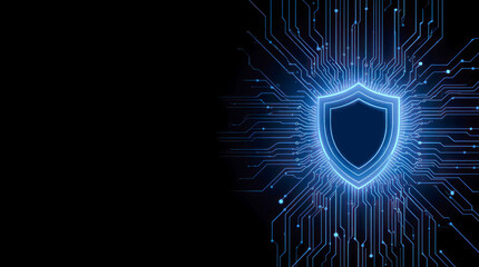 Blue glowing cybersecurity shield with digital circuit lines in futuristic graphic style on black background, symbolizing data protection