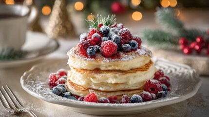 Fluffy pancakes topped with fresh berries and powdered sugar