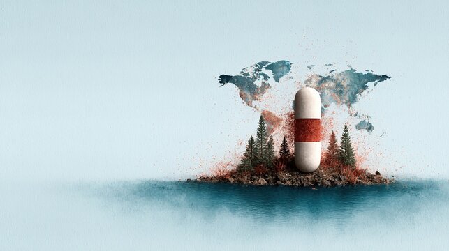 This imaginative illustration of a giant capsule over an island symbolizes global health challenges, connecting nature and pharmaceuticals in a thought-provoking composition for discussions.