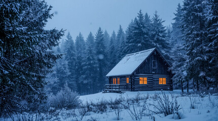 Cozy wooden cabin glowing warmly in snowy forest at twilight winter evening.