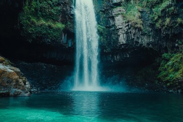 A mystical waterfall plunges into a turquoise pool within a rocky cavern, surrounded by lush vegetation and mossy walls