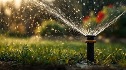 Lawn sprinkler spraying water over green grass showing frozen motion of water droplets with sunlit garden background for summer maintenance.