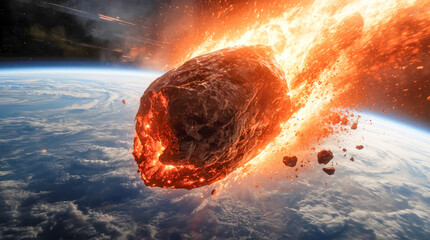 Fiery meteor plunging toward Earth through space and atmosphere at high speed.