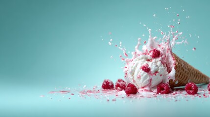 This image features a delightful ice cream cone with raspberry toppings, beautifully splashed with cream, evoking a sense of joy and indulgence in sweet treats.
