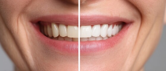 Split view of smiling mouth with different tooth shades