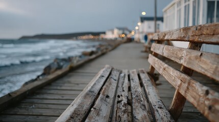 Fototapeta premium A picturesque scene of weathered wooden benches along a tranquil beach boardwalk, capturing the essence of relaxation, solitude, and natural beauty.