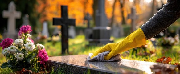 The Gravestone Being Cleaned by Gloved Hand in Autumn Cemetery Scene