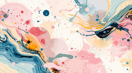 Colorful abstract fluid paint splashes and swirls on light background.