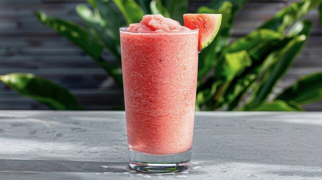 A tall glass of a pale, pink watermelon and strawberry protein slushie, with a small watermelon wedge on the rim
