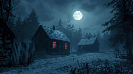 Spooky rural village at night with glowing red-lit windows, snowy path, and full moon sky, depicting eerie horror mystery atmosphere