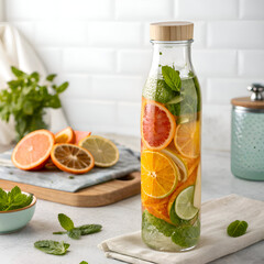 Fototapeta premium A glass bottle filled with water and citrus fruit slices on a white kitchen counter with herbs nearby